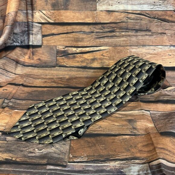 Valant Neckwear Mens 100% Silk Geometric Pattern Tie Necktie Black Gold Brown - Picture 2 of 6